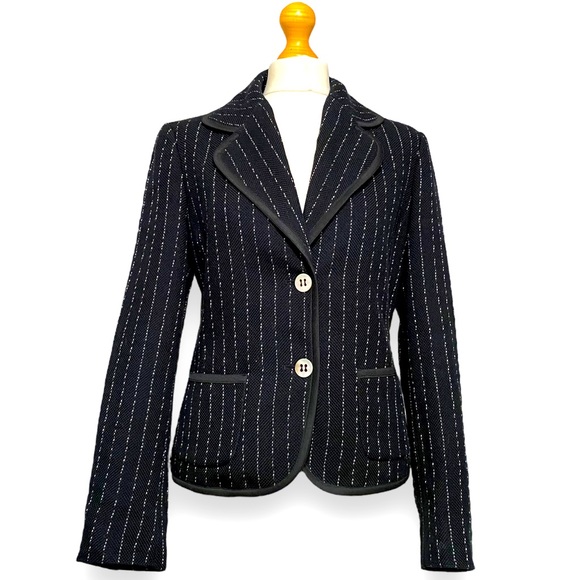 MaxMara Jackets & Blazers - Max Mara Blazer Black Size 12 Jacket Pinstripe Textured Cotton Smart Tailored